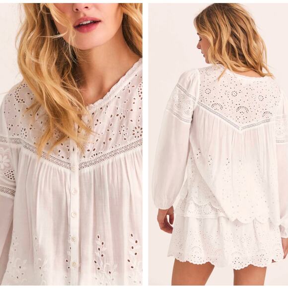 LOVESHACKFANCY Badyn Blouse Eyelet Lace Inset True White {2C53} - Picture 2 of 2